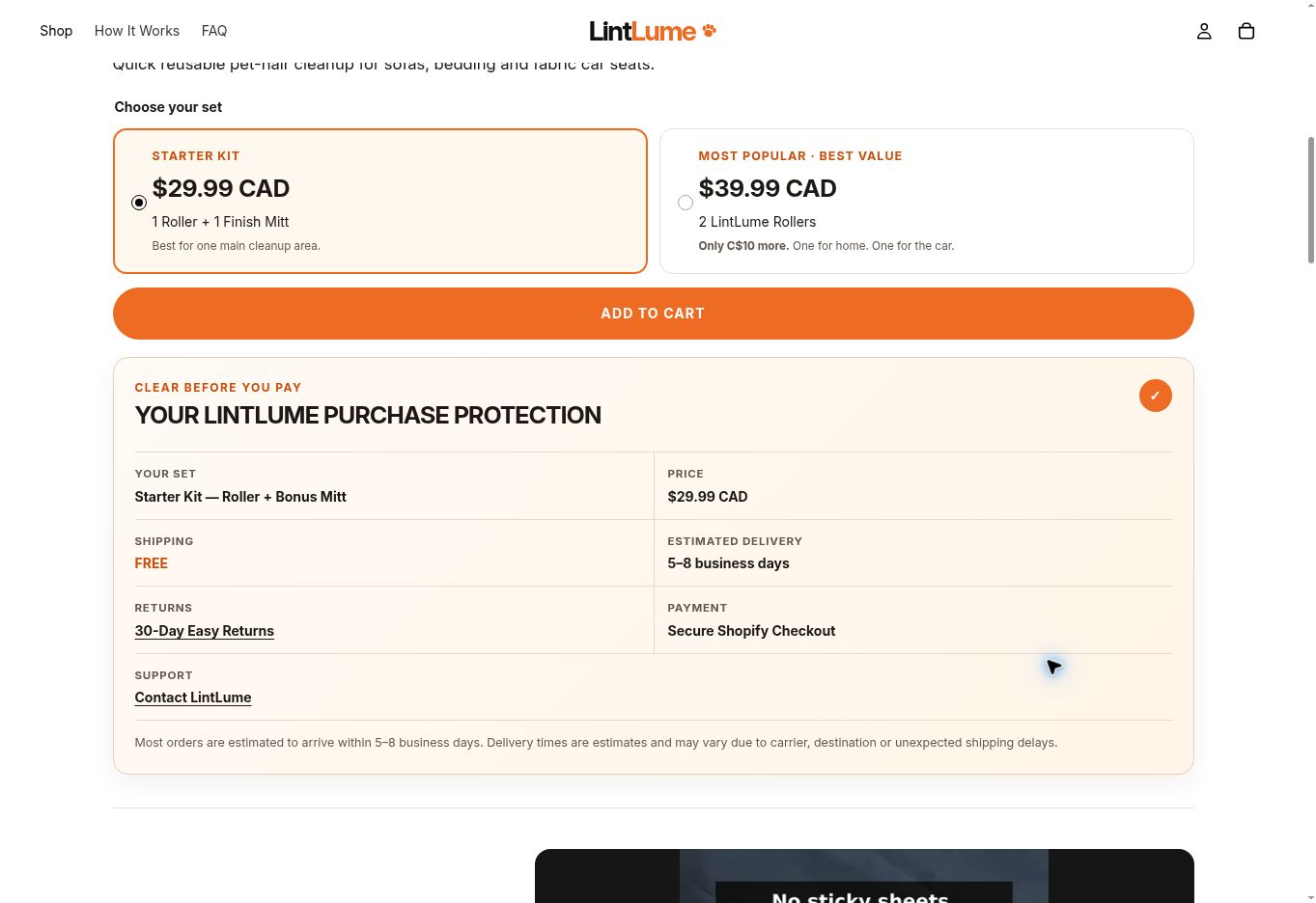 Actual LintLume Shopify storefront purchase section showing Starter Kit and 2-Pack choices, Add to Cart button, and purchase details